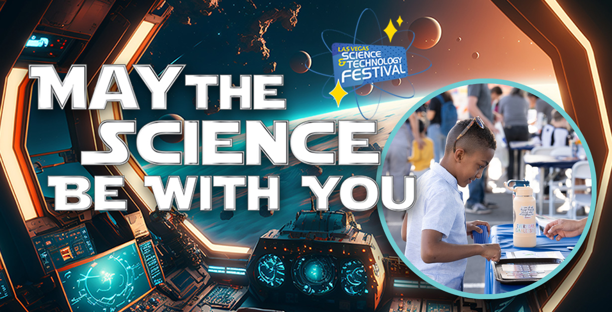 May the Science Be With You logo with an image of at child smiling while interacting at a community booth.