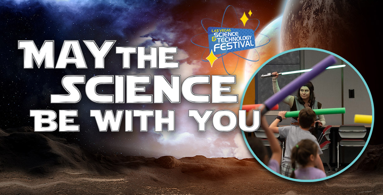 May the Science Be with You with an image of a light saber instructor with a group of padawans.
