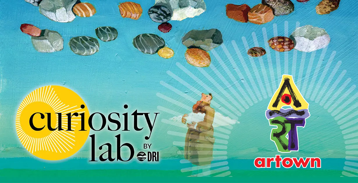 Curiosity Lab logo over a painting of a person holding a cloud on a blue green landscape looking up at multicolor rocks.