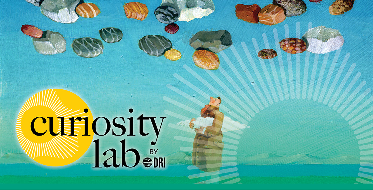 CL Artown Reno July 30 Curiosity Lab logo over a painting of a person holding a cloud on a blue green landscape looking up at multicolor rocks.