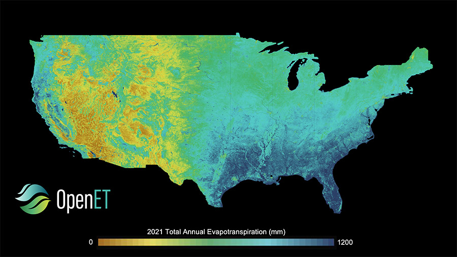 Map of the contiguous United States with colors indicating 2021 Total Annual Evapotranspiration (mm) with the OpenET logo.