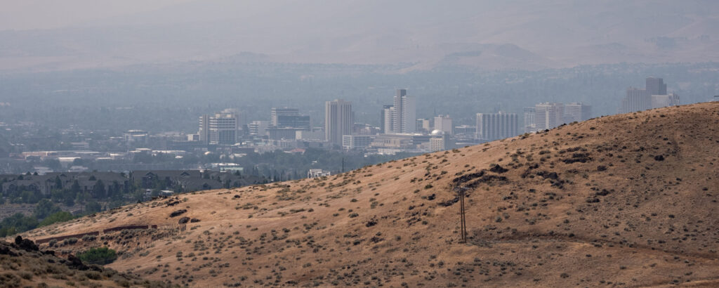 Downtown Reno, Nevada under smoky skies.