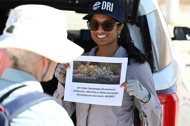 Tiffany is wearing a DRI hat and holding up a picture of the Las Vegas Bearpoppy to a group of volunteers.