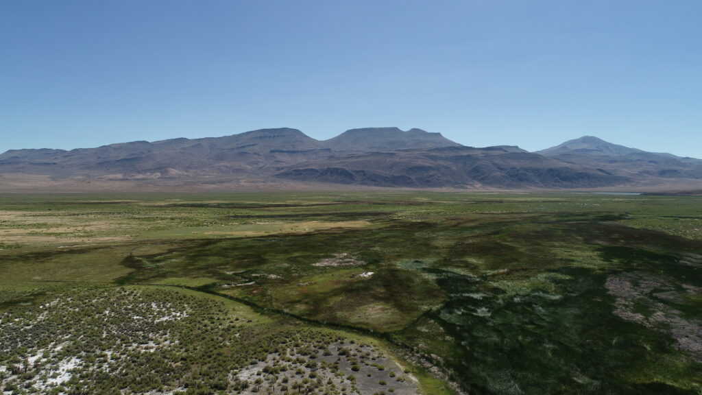 An aerial view of a green valley with mountains in the distance.